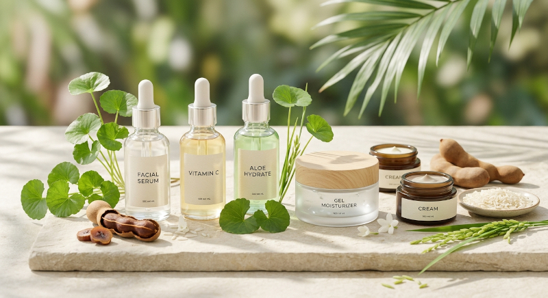 Thai skincare ingredients including Aloe Vera, Centella Asiatica and rice
