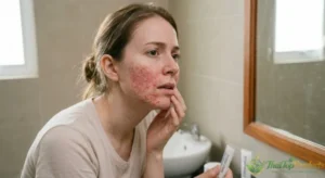 Woman with steroid-induced facial skin thinning, showing redness and visible capillaries on cheeks.